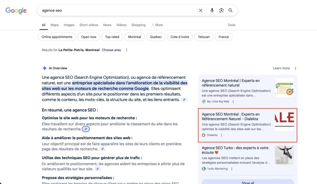 Exemple AI Overviews montrant Dialekta