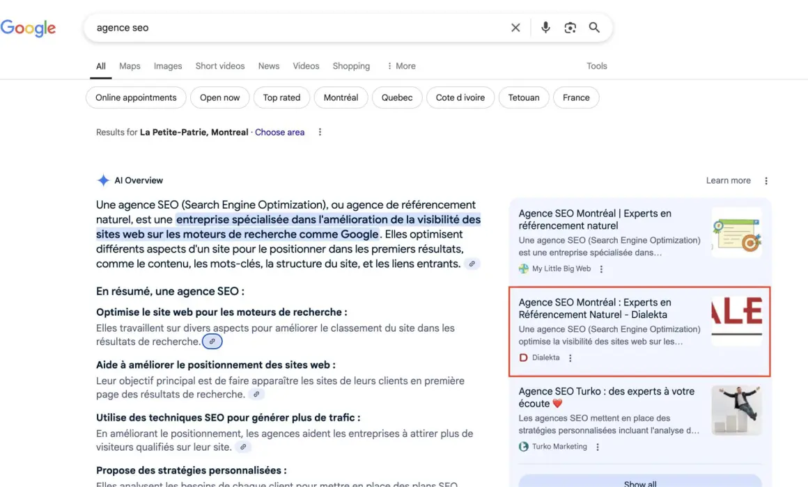 AI Overviews montrant Dialekta